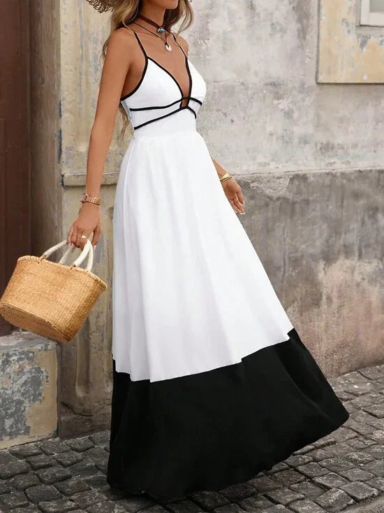 Black And White Casual Women's Vacation Deep V-Neck Contrast Color Maxi Dress - Picture 3 of 7